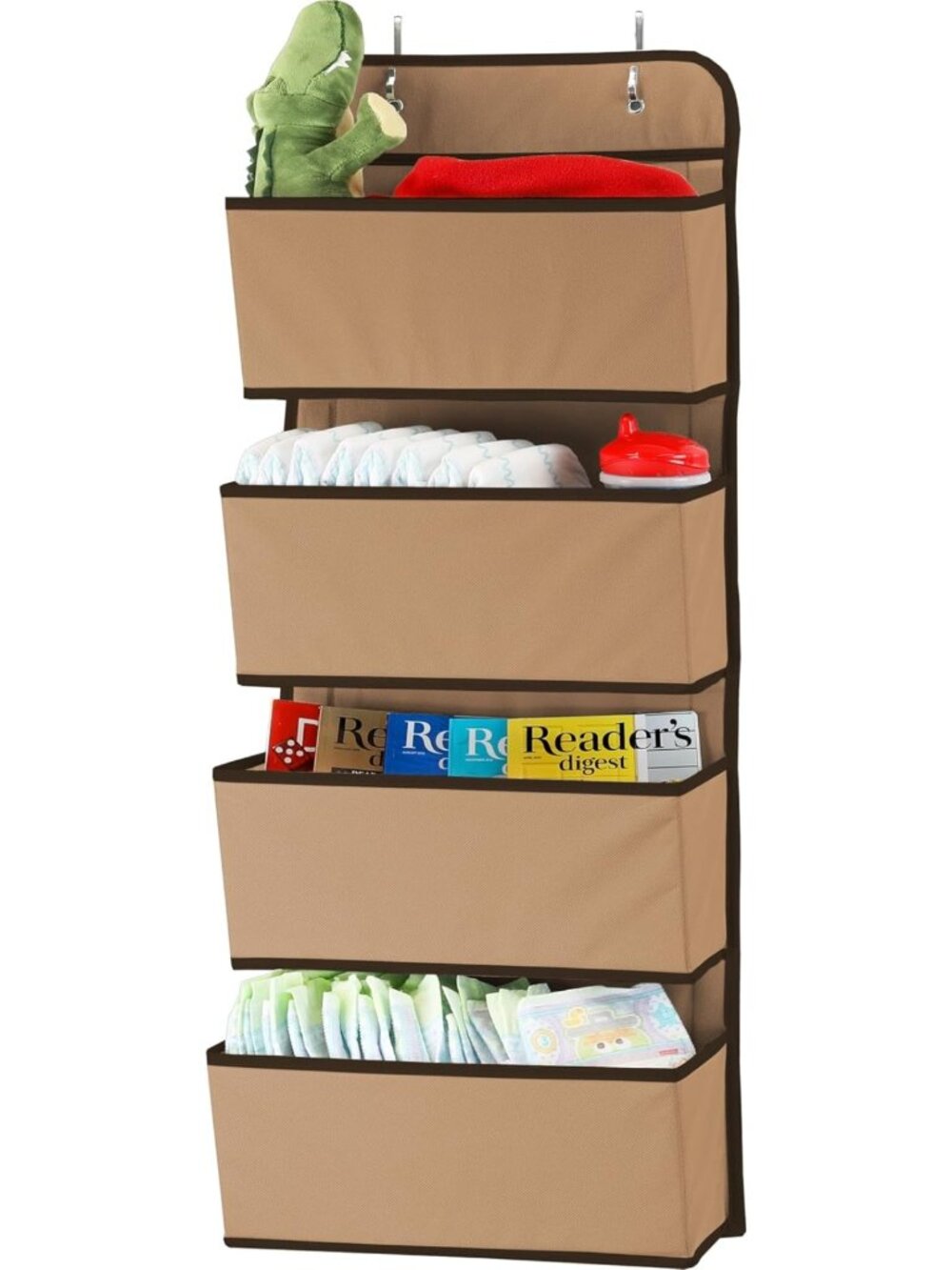 Beige 4 Pocket Over the Door Hanging Organizer - Wall Mount Storage Solution